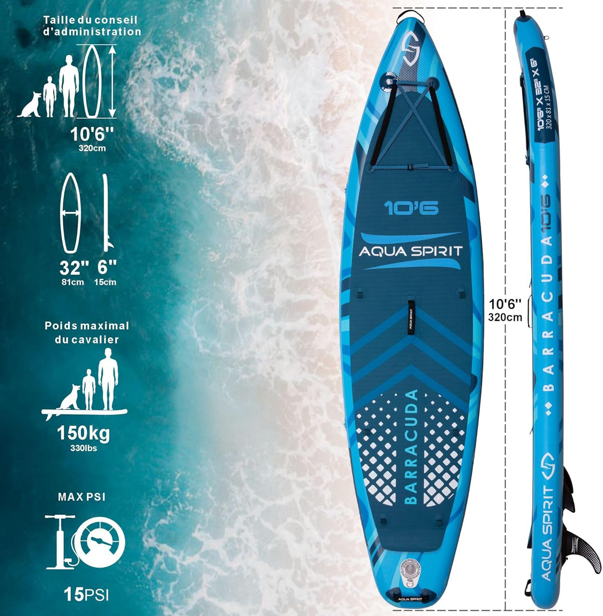 2026 Aqua Spirit Sup Planche à pagaie Gonflable Stand Up 2023 3 m / 10 m / 10 m / 10/12 pi 6/15 pi / 18 po Kit Complet de Conversion de Kayak avec pagaie, Sac à Dos, Pompe et Autres Accessoires
