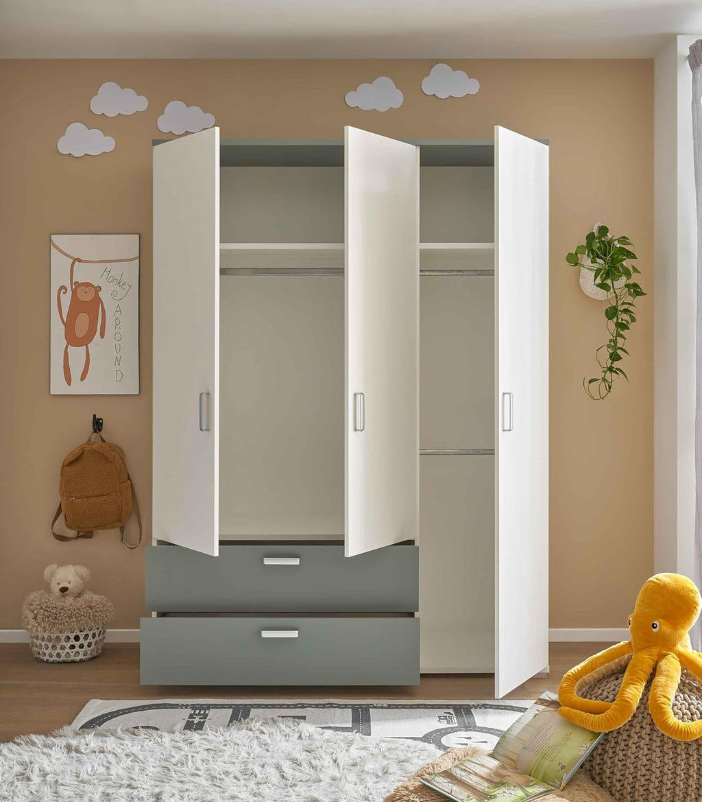 2026 AVANTI TRENDSTORE - Barbania - Wardrobe with 3 hinged doors and 2 drawers, laminated wood. Available in Sage / White colour. Dimensions: approx. LAP 150 x 203 x 58 cm