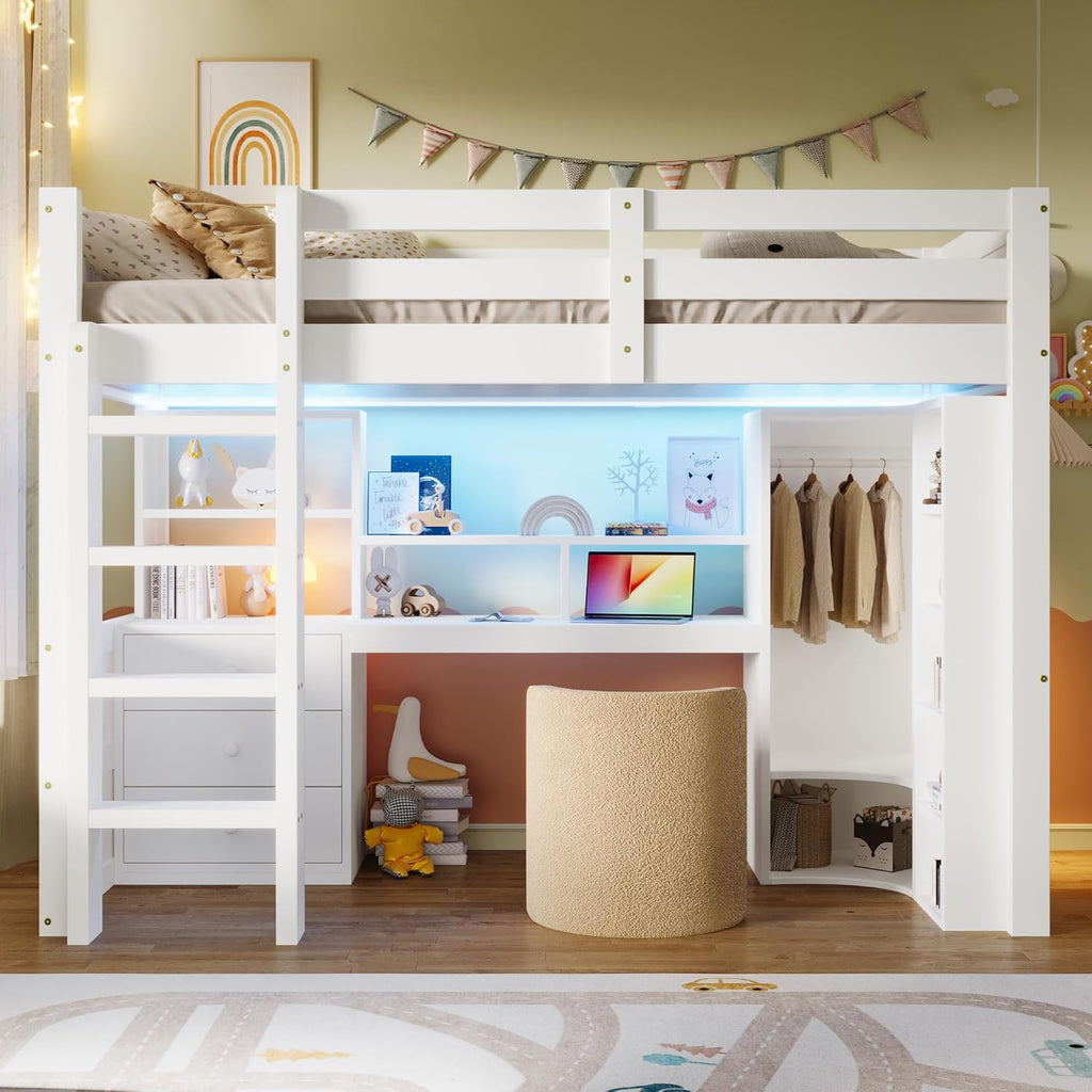 2026 Lit Mezzanine 90x200 cm, Lit Superposé Enfant et Adulte avec Bureau, Lumières LED, Armoire, Échelle, 4 Tiroirs et Rangements, Blanc et Bois lit Mezzanine (90x200 cm)