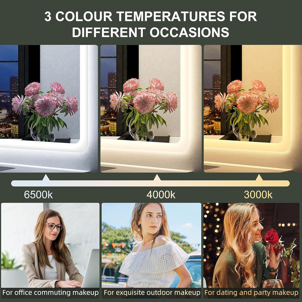 2026 Miroir de salle de bain S'bagno avec éclairage 1200 x 700 mm, IP44, LED, Bluetooth, antibuée, 3 couleurs de lumière (3 000 K, 4 000 K, 6 500 K), intensité variable, mémoire, vertical ou horizontal. Miroirs de salle de bain avec LED.
