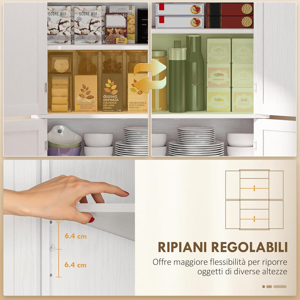 2026 HOMCOM Mobile Cucina Alto con 6 Ripiani e 2 Ante, Armadio Dispensa con Ripiani Regolabili in Legno, 76x40.5x184 cm, Bianco