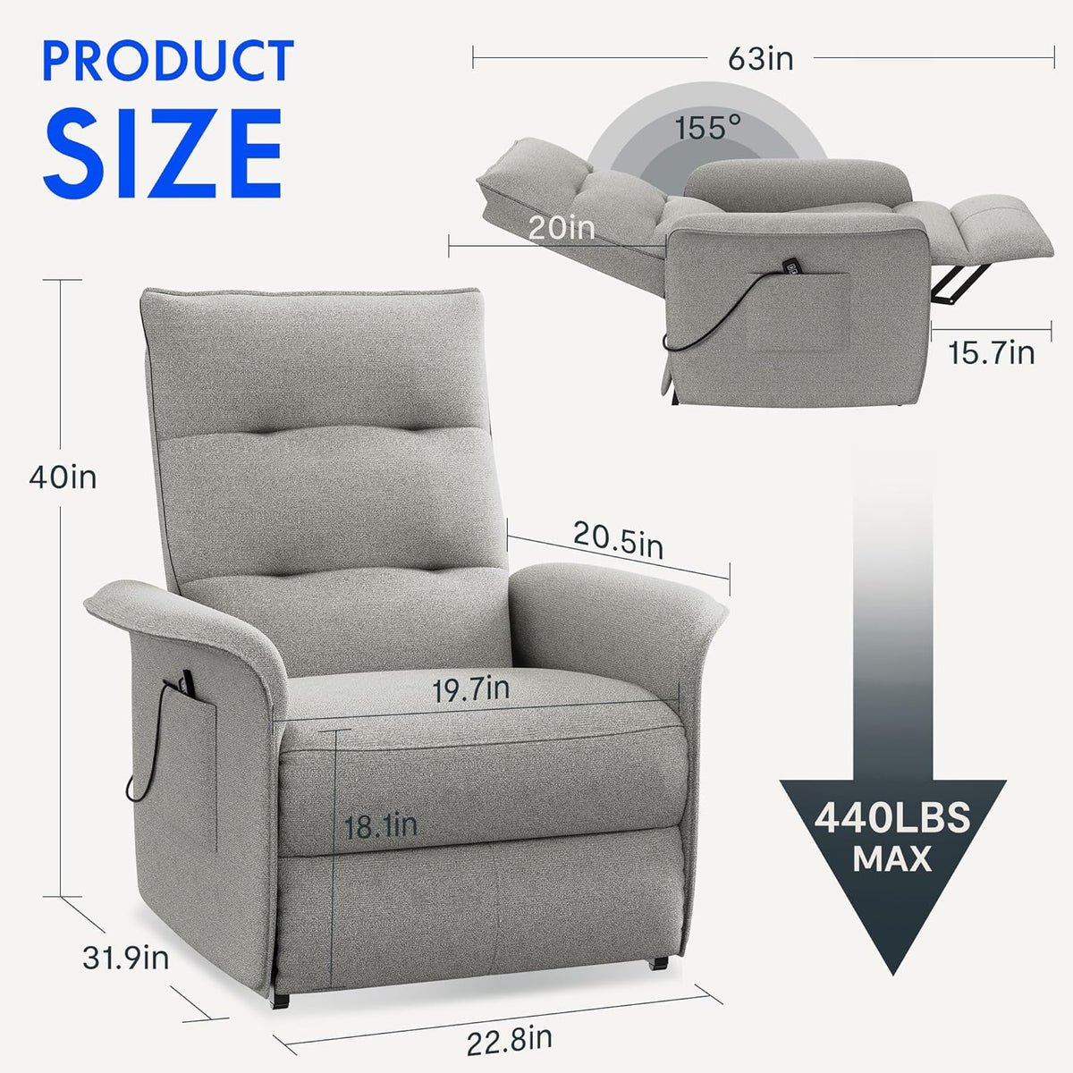 2026 Fauteuil relax électrique FLEXISPOT avec dossier réglable, inclinable de 105° à 155°, fauteuil inclinable, fauteuil relax ergonomique pour chambre, salon et home cinéma (gris foncé)