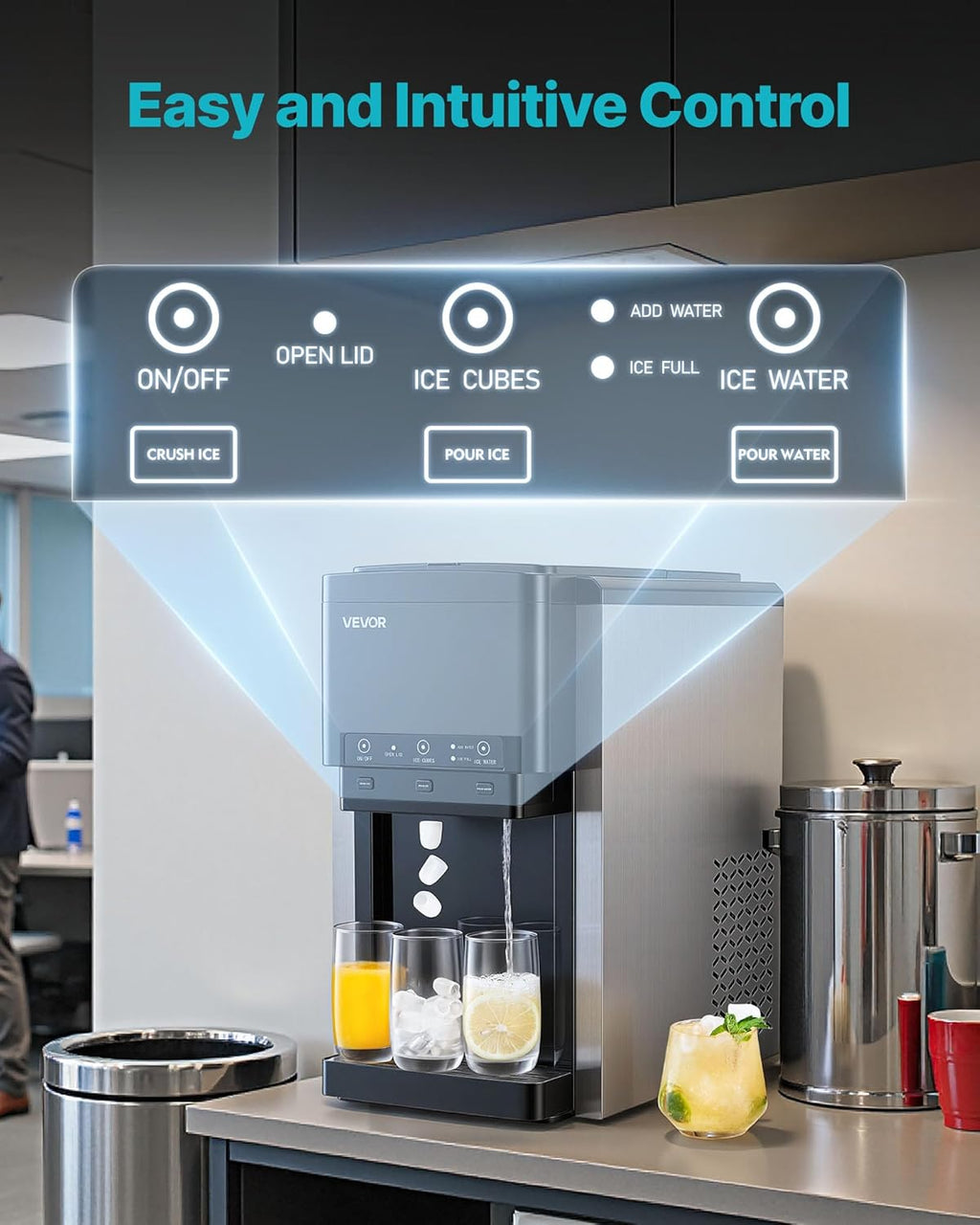 2026 VEVOR Distributeur d'Eau 3-en-1 avec Machine à Glaçons et Broyeur à Glace, Fontaine à Eau à Poser, pour Fête Cuisine Maison Bureau, Production Rapide de Cube 16 kg/24 h et 12 PCs/7 min, avec Pelle