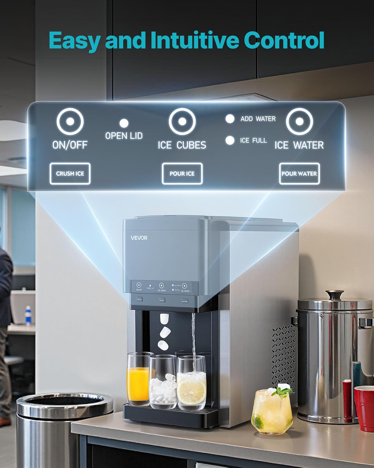 2026 VEVOR Distributeur d'Eau 3-en-1 avec Machine à Glaçons et Broyeur à Glace, Fontaine à Eau à Poser, pour Fête Cuisine Maison Bureau, Production Rapide de Cube 16 kg/24 h et 12 PCs/7 min, avec Pelle