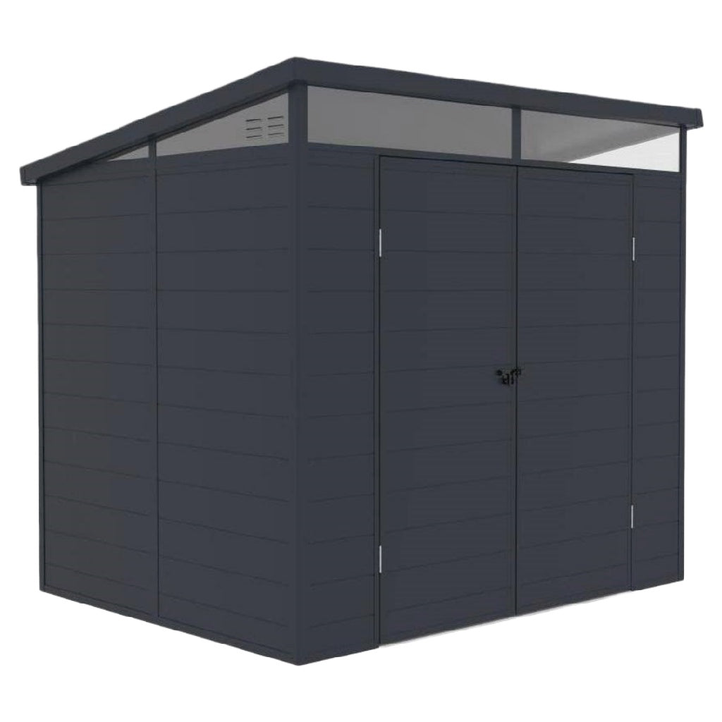 2026 Abri de jardin en métal moderne à toit monopente avec bandeau lumineux – double porte verrouillable – gris anthracite