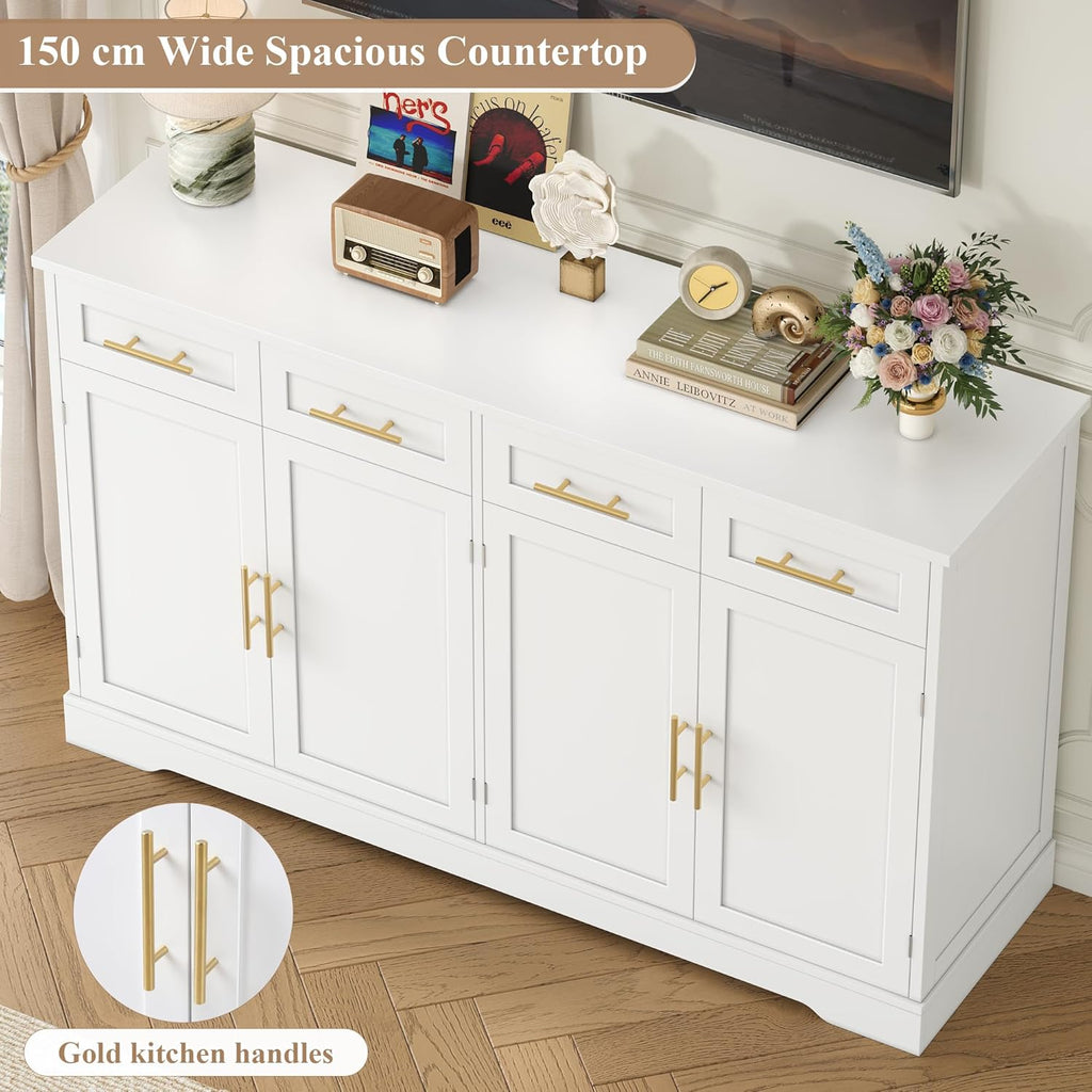 2026 HOCSOK Credenza Cucina, 150 cm Madia Cucina con 4 Cassetti 4 Ante, Credenza Soggiorno con Maniglie in Metallo per Soggiorno, sala da pranzo, Ingresso, Mobile TV, 150×92×40 cm, Bianco