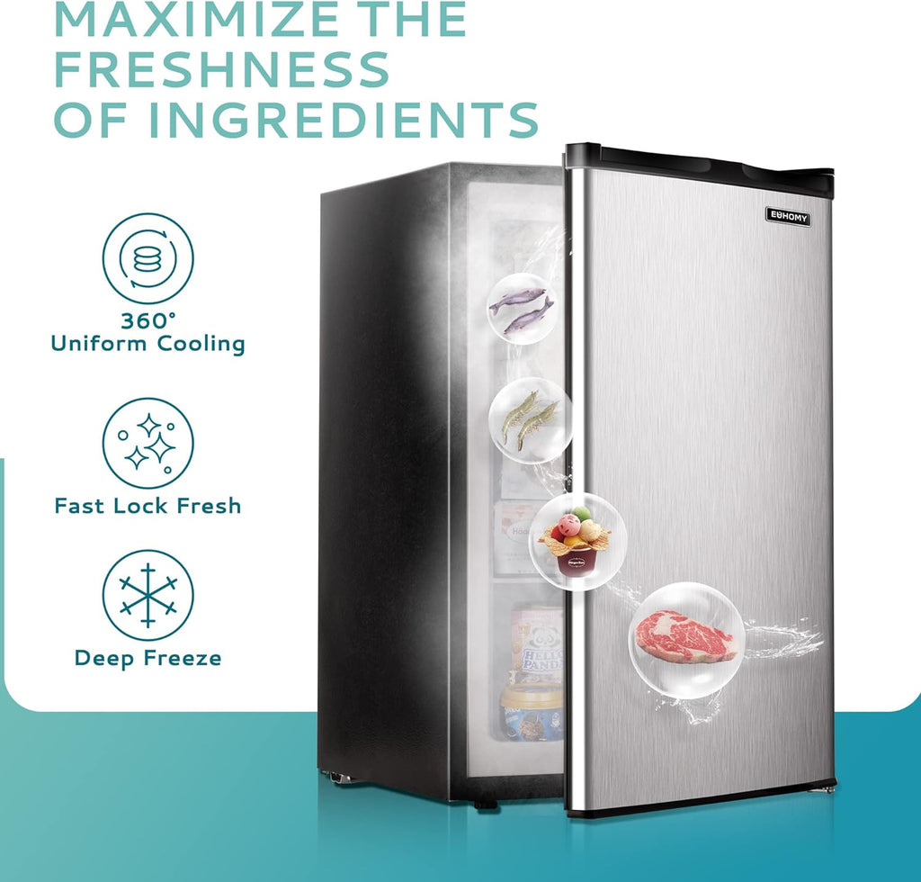 2026 Congélateur vertical 2025 de 85 litres (3 pi³). Porte réversible simple en acier inoxydable. Congélateur compact pour la maison, les résidences étudiantes, les appartements et les bureaux (argenté).