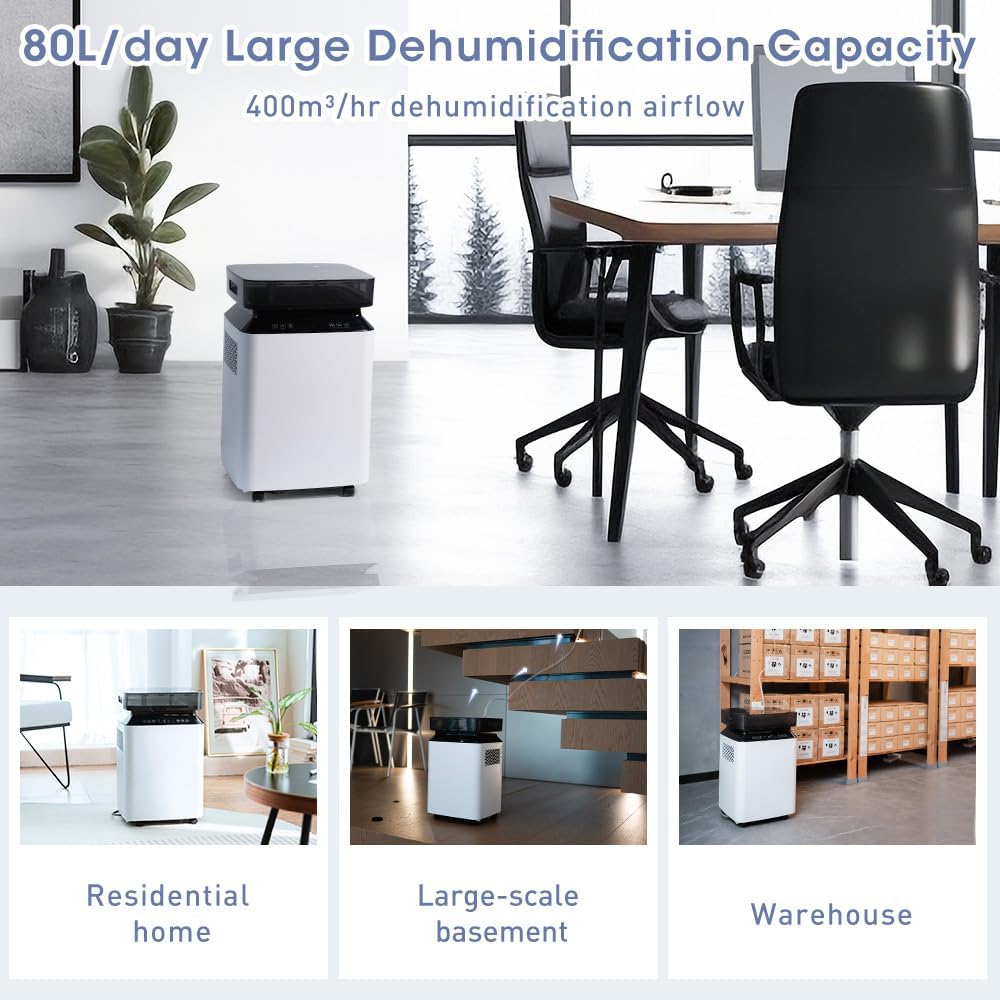 2026 Deumidificatore Industriale Professionale Elettrico: 80L/24h per Grandi Ambienti 170㎡Pompa Scarico Continuo Antimuffa Portatile con Ruote per Casa/Bagno/Ufficio/Garage/Cantina/Stanza/Armadio