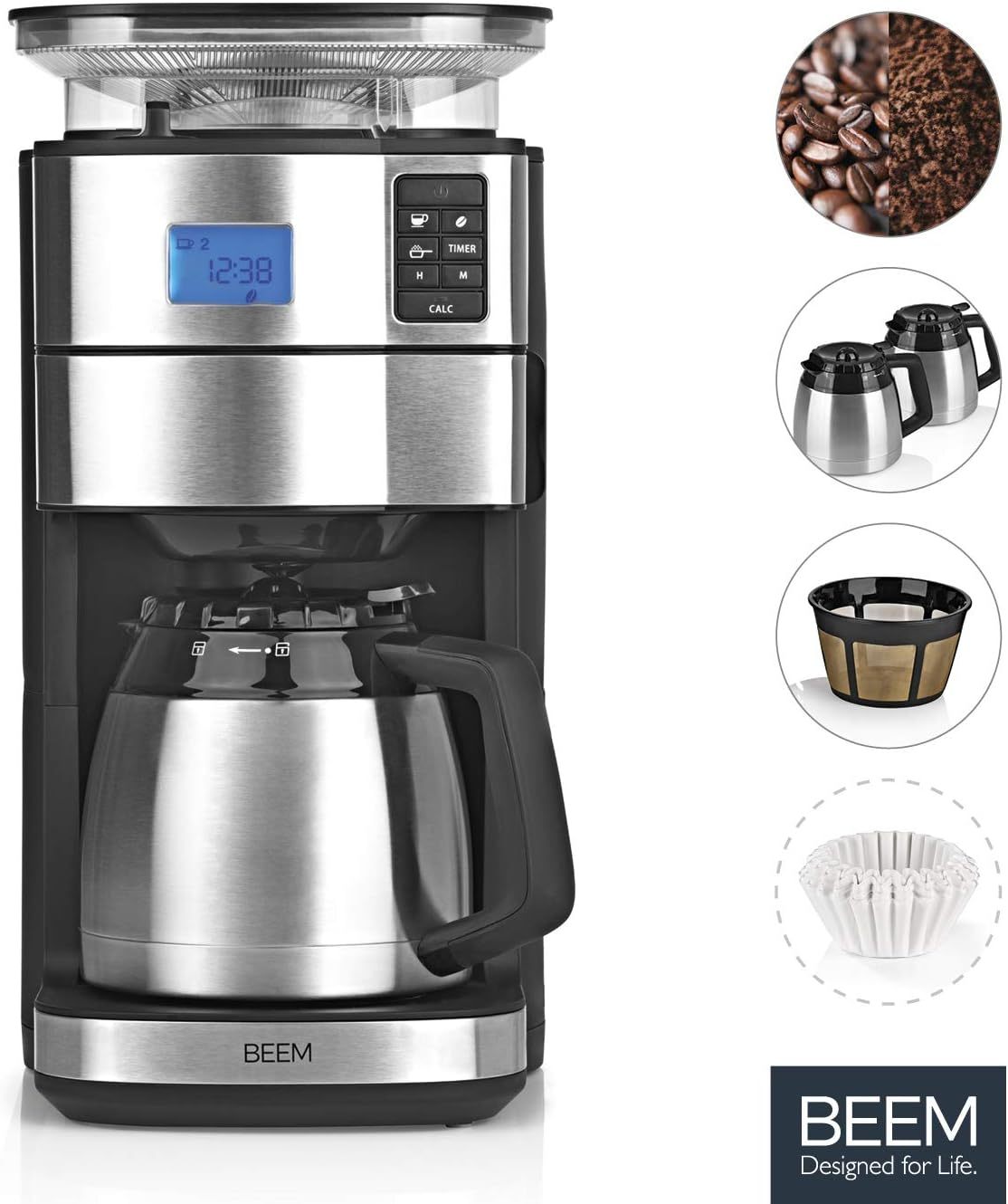 2026 BEEM FRESH-AROMA-PERFECT II Filterkaffeemaschine mit Mahlwerk - Thermo | Edelstahl | Thermokanne | 24h-Timer | 1000 W | 180 g Bohnenbehälter