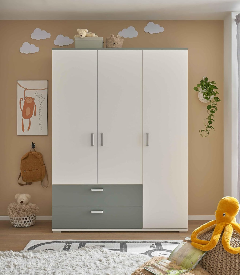 2026 AVANTI TRENDSTORE - Barbania - Wardrobe with 3 hinged doors and 2 drawers, laminated wood. Available in Sage / White colour. Dimensions: approx. LAP 150 x 203 x 58 cm