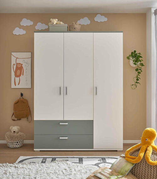 2026 AVANTI TRENDSTORE - Barbania - Wardrobe with 3 hinged doors and 2 drawers, laminated wood. Available in Sage / White colour. Dimensions: approx. LAP 150 x 203 x 58 cm