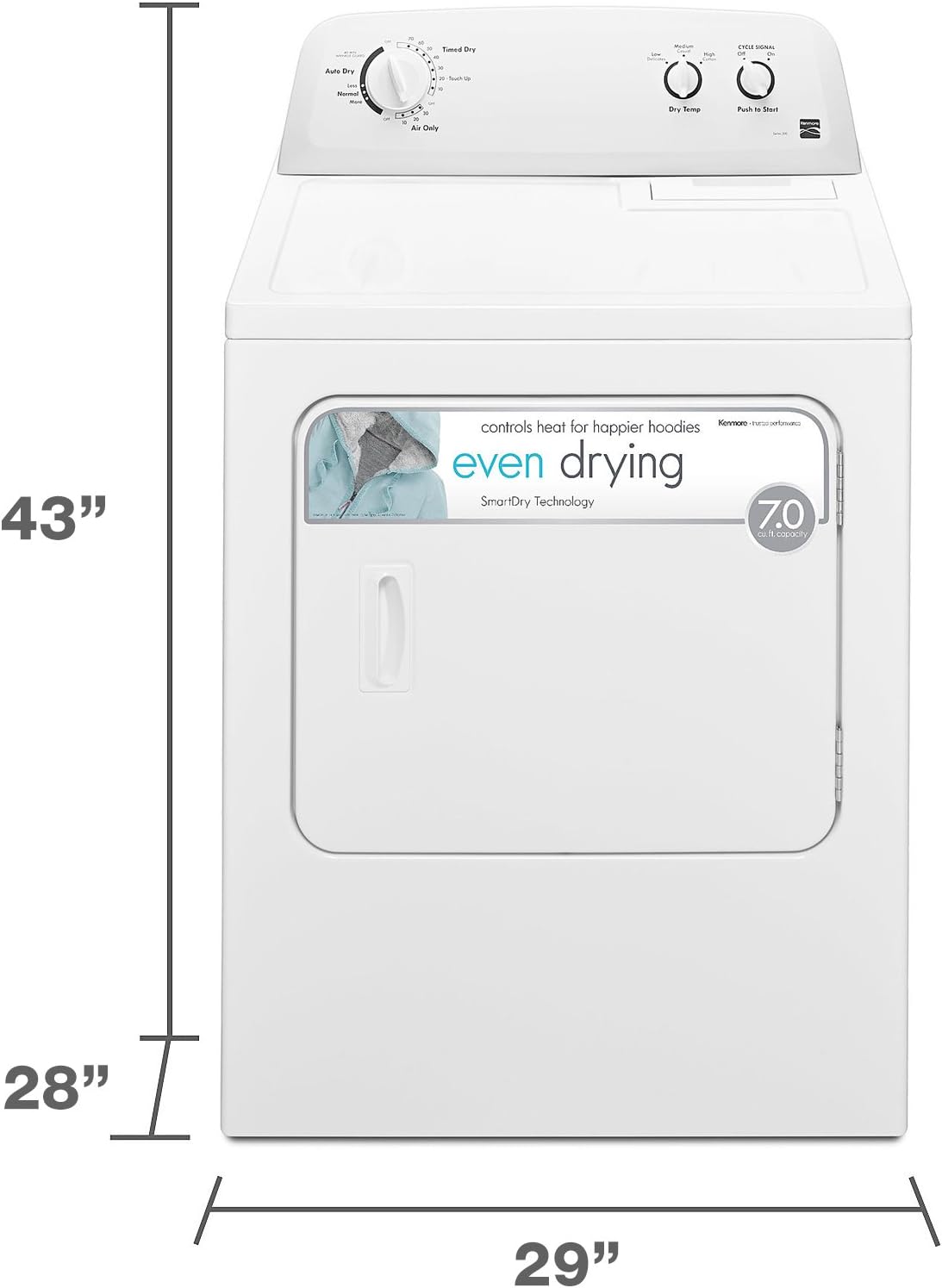 2026 Sèche-linge électrique Kenmore à chargement frontal de 74 cm (29 po) avec protection anti-froissage et capacité totale de 198 litres (7 pi³), blanc