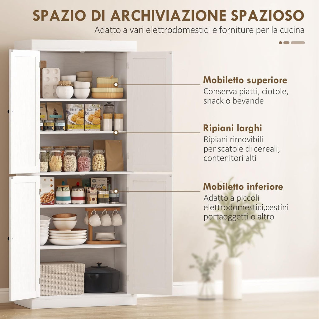 2026 HOMCOM Mobile Cucina Alto con 6 Ripiani e 2 Ante, Armadio Dispensa con Ripiani Regolabili in Legno, 76x40.5x184 cm, Bianco