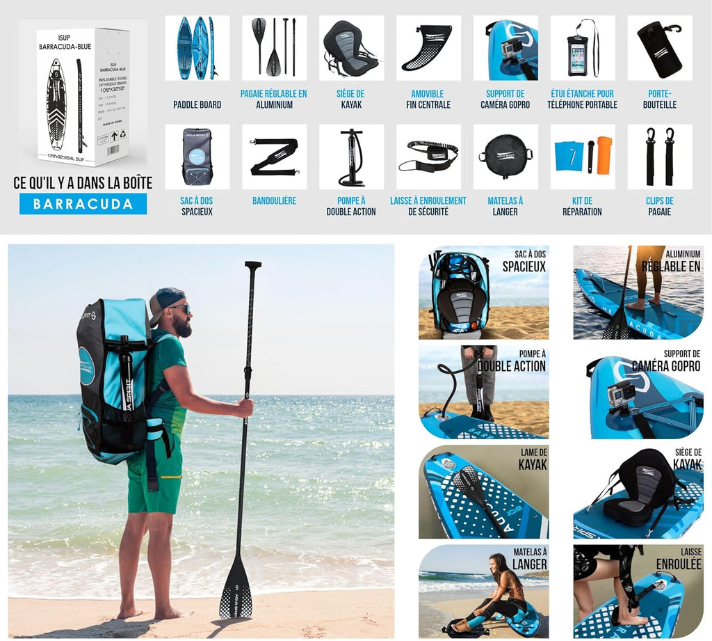 2026 Aqua Spirit Sup Planche à pagaie Gonflable Stand Up 2023 3 m / 10 m / 10 m / 10/12 pi 6/15 pi / 18 po Kit Complet de Conversion de Kayak avec pagaie, Sac à Dos, Pompe et Autres Accessoires