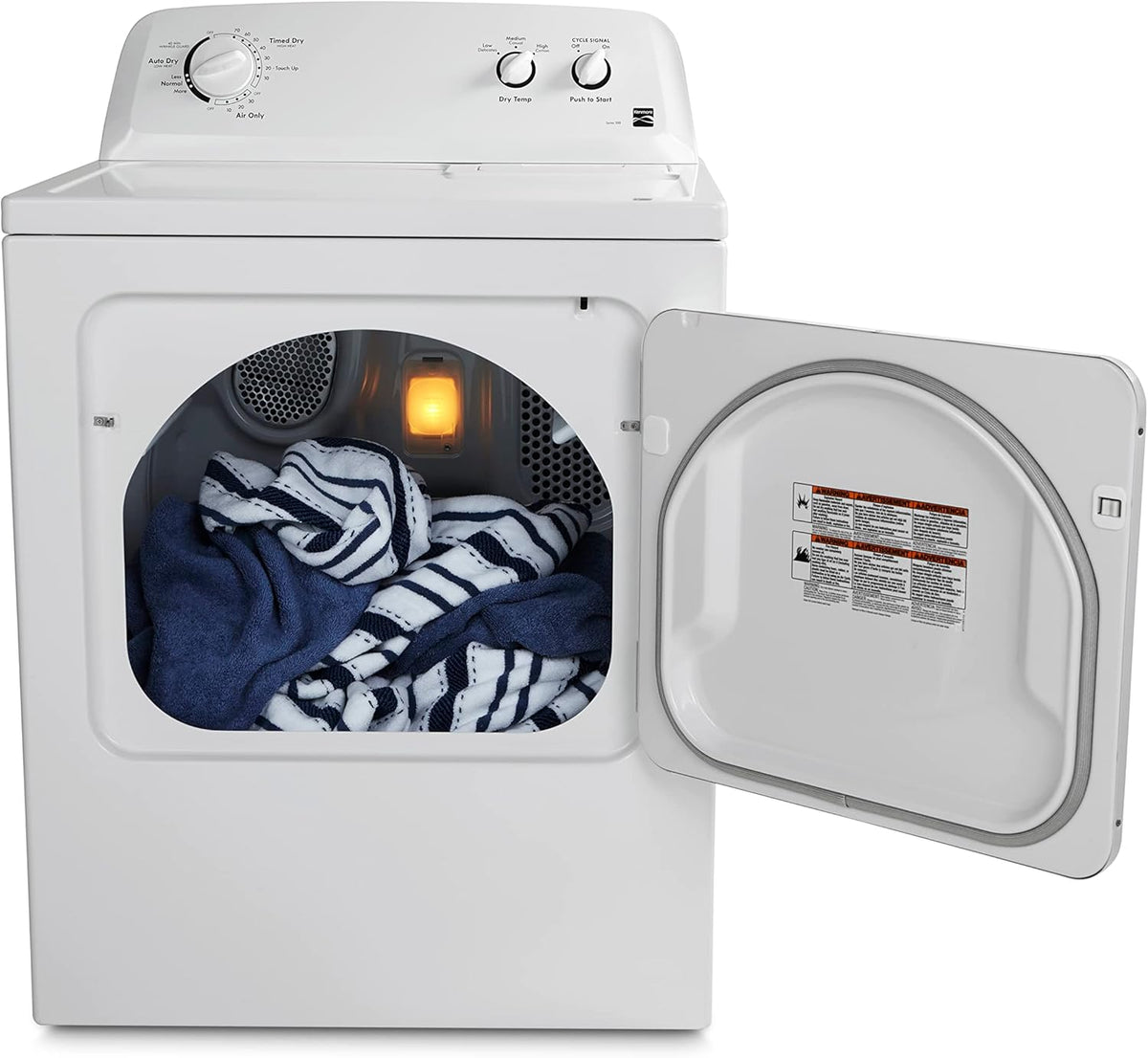 2026 Sèche-linge électrique Kenmore à chargement frontal de 74 cm (29 po) avec protection anti-froissage et capacité totale de 198 litres (7 pi³), blanc