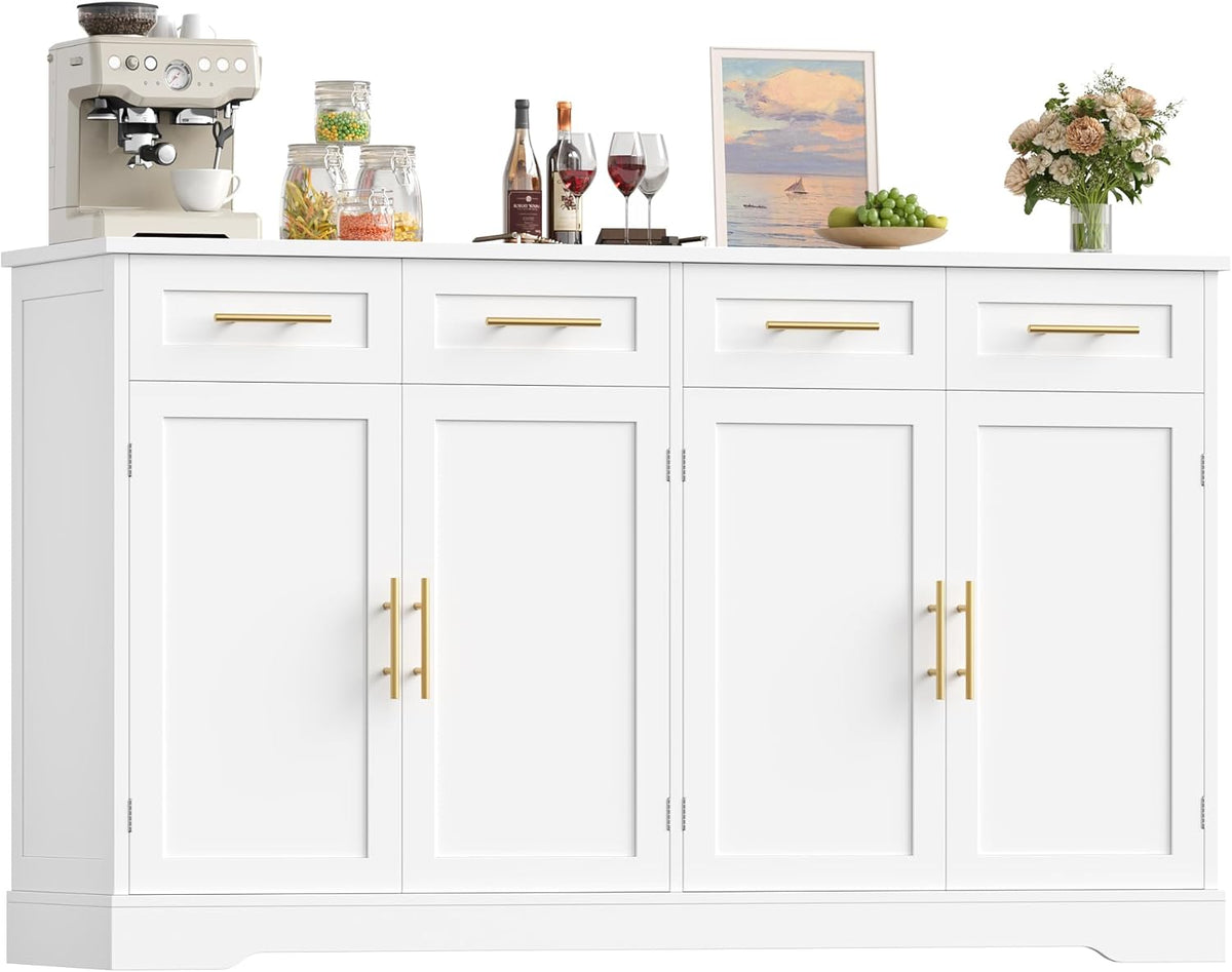 2026 HOCSOK Credenza Cucina, 150 cm Madia Cucina con 4 Cassetti 4 Ante, Credenza Soggiorno con Maniglie in Metallo per Soggiorno, sala da pranzo, Ingresso, Mobile TV, 150×92×40 cm, Bianco