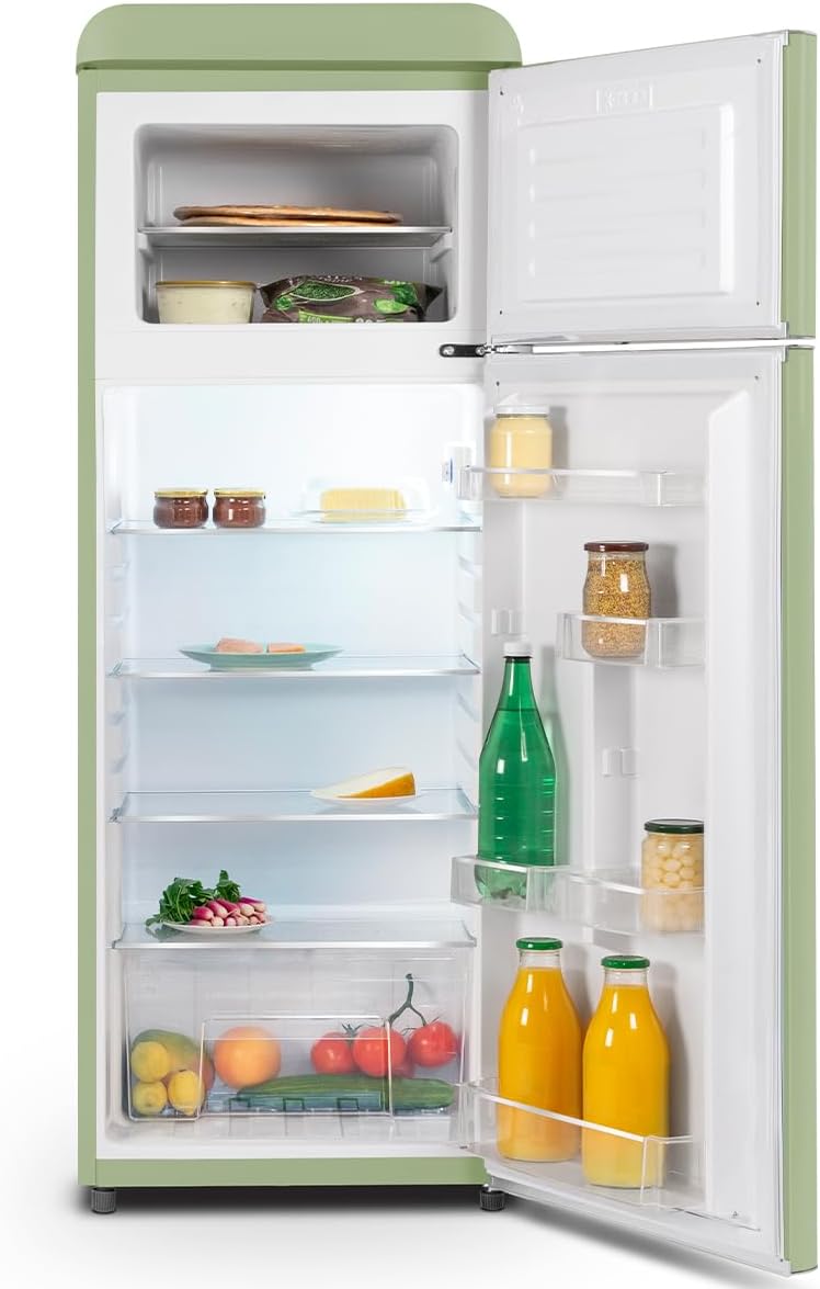 2026 SCHNEIDER SCDD208VVA, Réfrigérateur 2 portes, 211L (172+39), Froid statique, Dégivrage automatique, 3 clayettes verre, Thermostat réglables, Pieds réglables,Vert amande