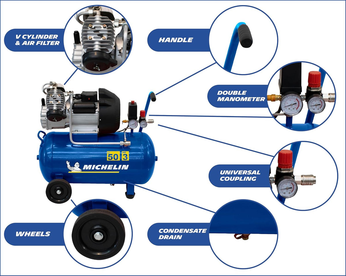 2026 MICHELIN Compresseur d'Air Portatif MB3650 - Cuve 50 Litres - Moteur 3 cv - Pression Maximale 10 bar - Débit d'Air 360 l/min - 21.6 m³/h