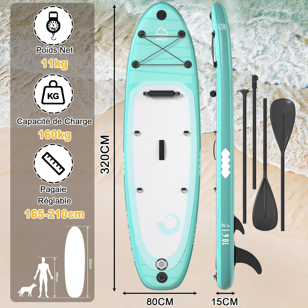 2026 JUMMICO Stand Up Paddling Board, 320 cm x 80 cm x 15 cm, Planche de Sup Gonflable, Stand Up Paddle 2-en-1 avec siège de Kayak, Protection réglable Contre Les Rayures et Accessoires, jusqu'à 160 kg