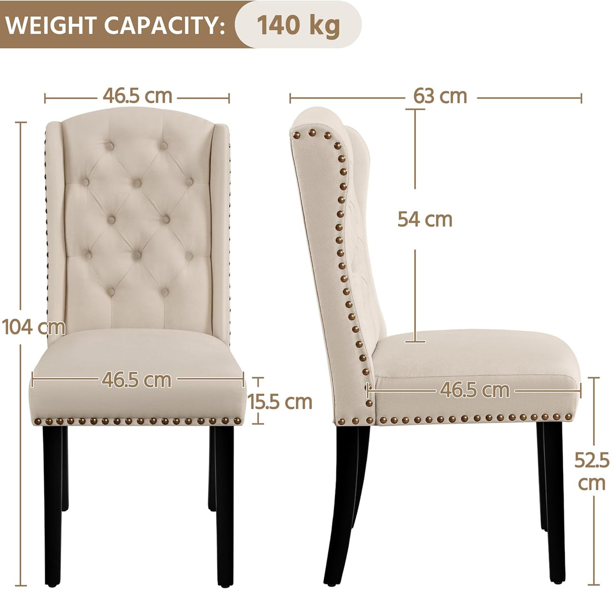 2026 Yaheetech Set 6 Sedie Sala da Pranzo Tessuto Imbottite Eleganti Gambe in Legno Massello Schienale Alto con Bottoni Portata 140 KG Beige