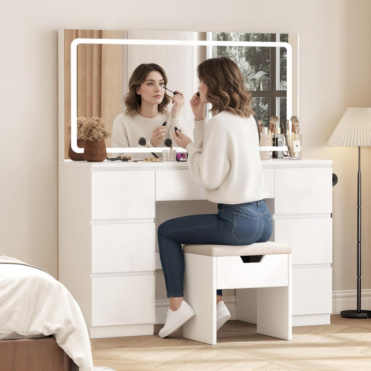 2026 TRIUMPHKEY Coiffeuse avec Miroir et Tabouret Table de Maquillage avec Miroir LED Grand Format à Luminosité Réglable, 7 Tiroirs et Prise de Courant, Meuble de Maison, Blanc