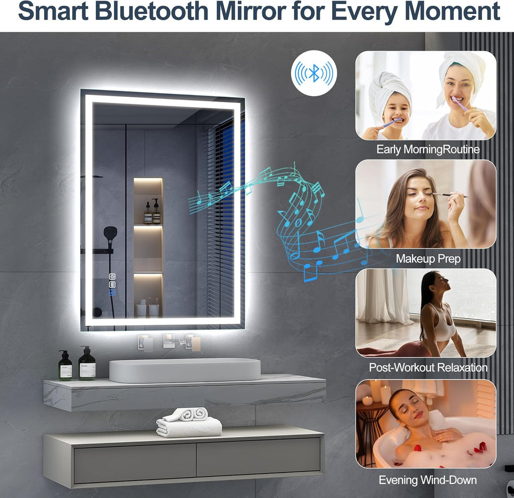 Miroir de salle de bain S'bagno avec éclairage 120 x 70 cm, miroir de salle de bain LED avec Bluetooth et fonction antibuée, intensité variable 3000 K/4000 K/6500 K, mémoire de forme, verre trempé HD, IP44 - Miroirs de salle de bain LED, horizontaux