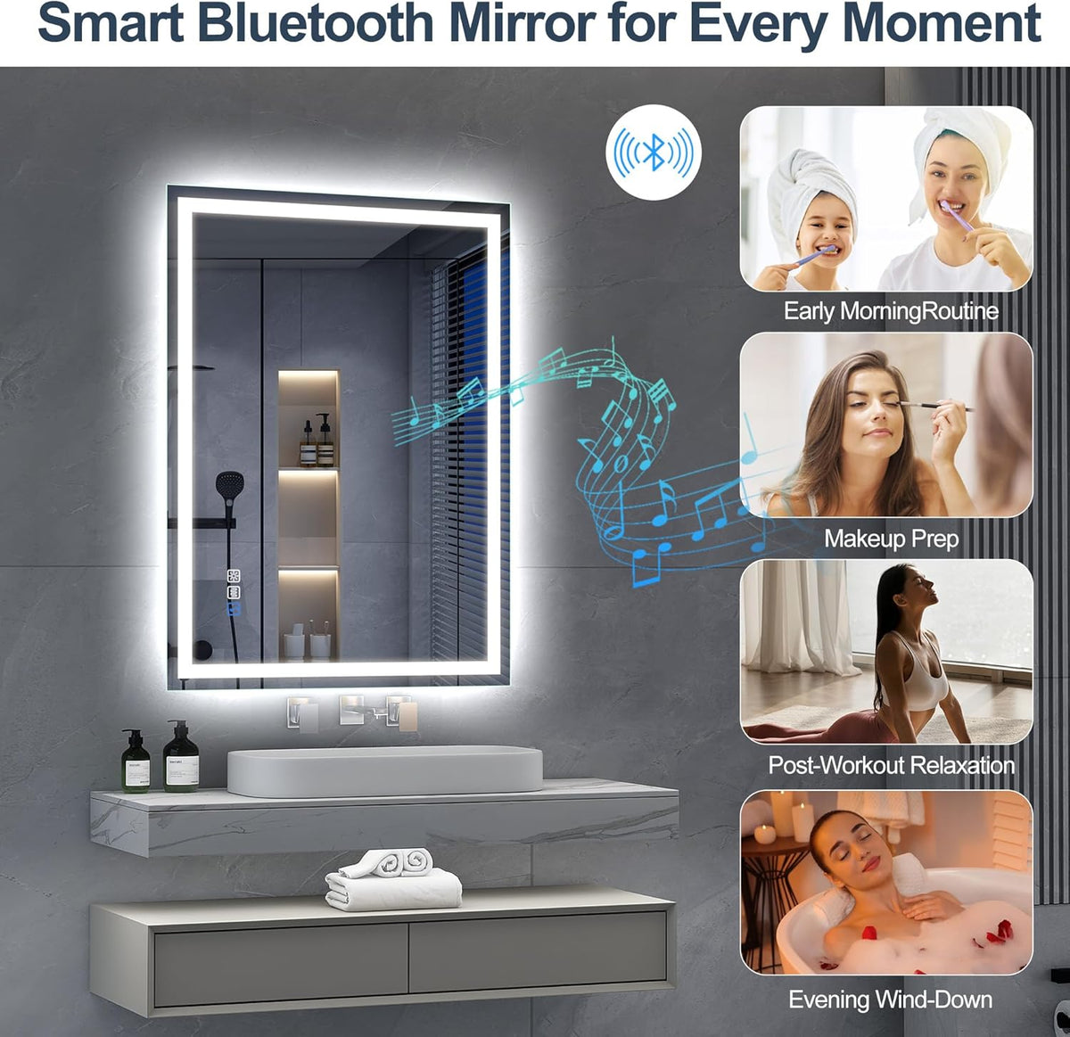 Miroir de salle de bain S'bagno avec éclairage 120 x 70 cm, miroir de salle de bain LED avec Bluetooth et fonction antibuée, intensité variable 3000 K/4000 K/6500 K, mémoire de forme, verre trempé HD, IP44 - Miroirs de salle de bain LED, horizontaux