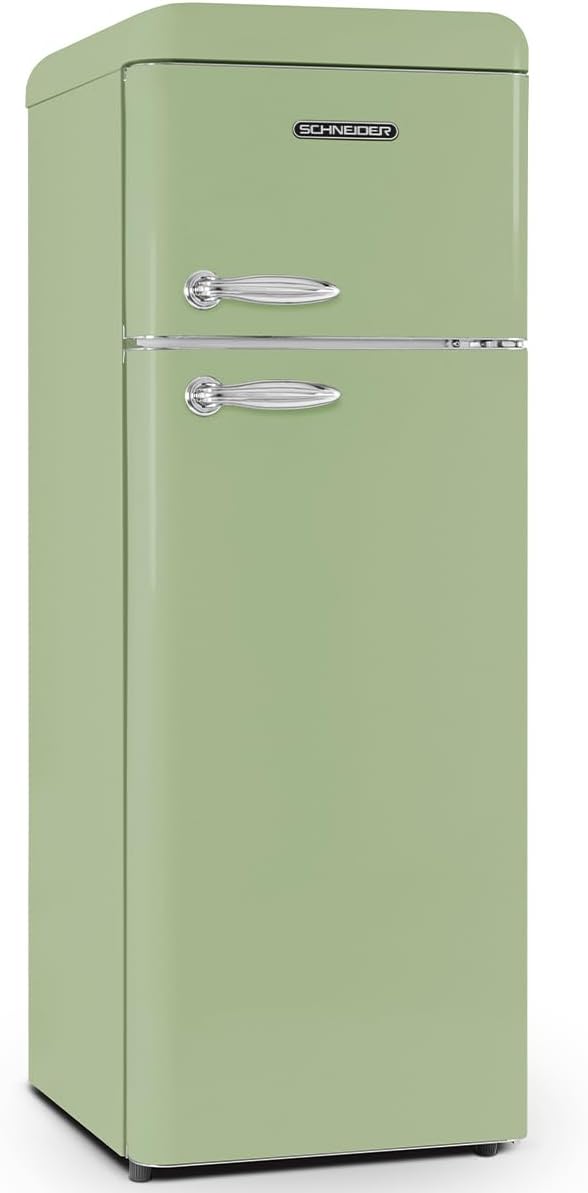 2026 SCHNEIDER SCDD208VVA, Réfrigérateur 2 portes, 211L (172+39), Froid statique, Dégivrage automatique, 3 clayettes verre, Thermostat réglables, Pieds réglables,Vert amande
