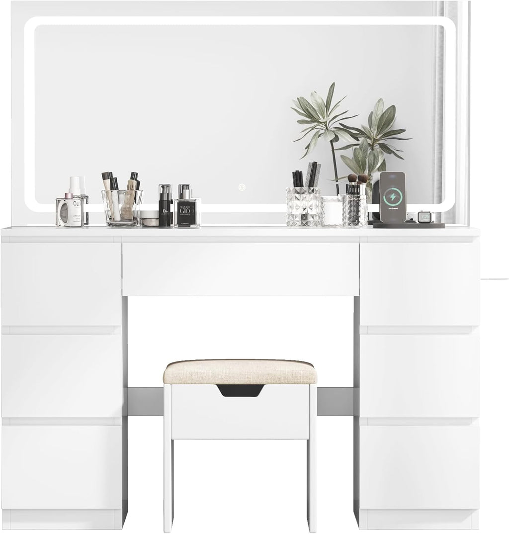 2026 TRIUMPHKEY Coiffeuse avec Miroir et Tabouret Table de Maquillage avec Miroir LED Grand Format à Luminosité Réglable, 7 Tiroirs et Prise de Courant, Meuble de Maison, Blanc