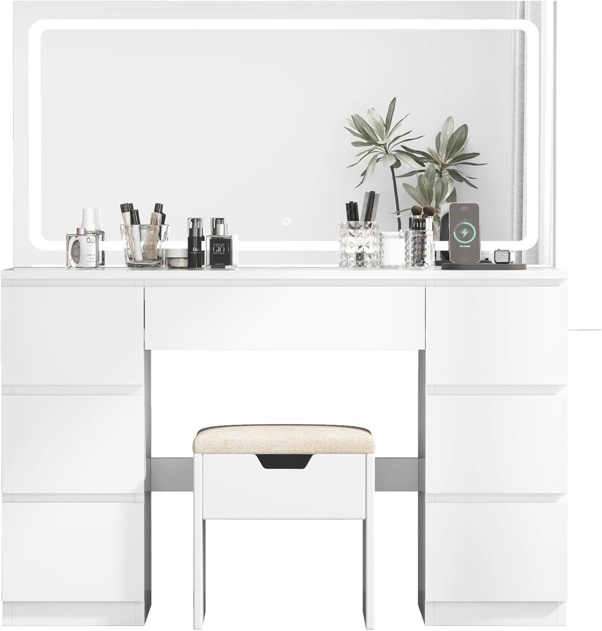 2026 TRIUMPHKEY Coiffeuse avec Miroir et Tabouret Table de Maquillage avec Miroir LED Grand Format à Luminosité Réglable, 7 Tiroirs et Prise de Courant, Meuble de Maison, Blanc