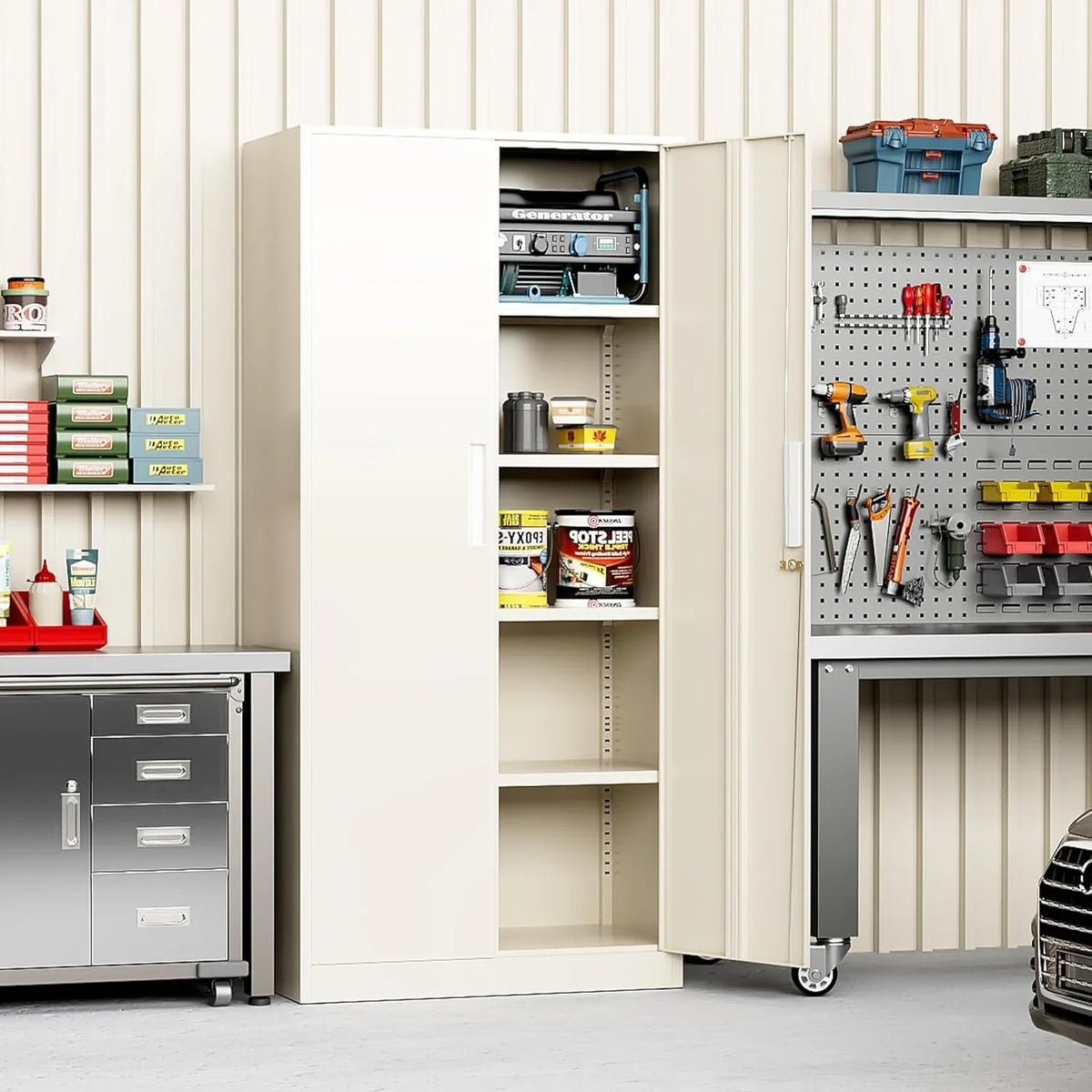 2026 71 inch Garage Storage Cabinet Shelving Kitchen Pantry Locker with Adjustable Shelves for Office, Garage, Home, Pantry(Grey White)