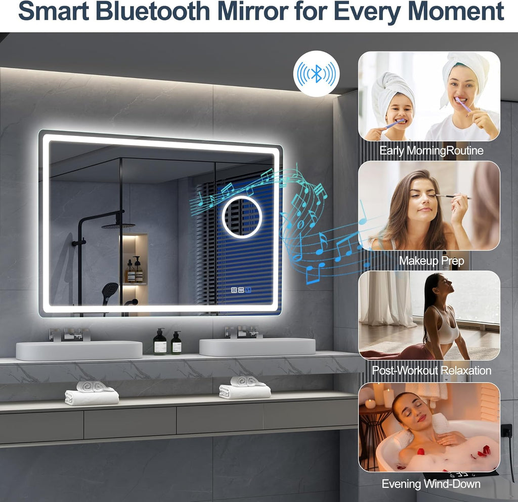 Miroir de salle de bain S'bagno avec éclairage 120 x 70 cm, miroir de salle de bain LED avec Bluetooth et fonction antibuée, intensité variable 3000 K/4000 K/6500 K, mémoire de forme, verre trempé HD, IP44 - Miroirs de salle de bain LED, horizontaux