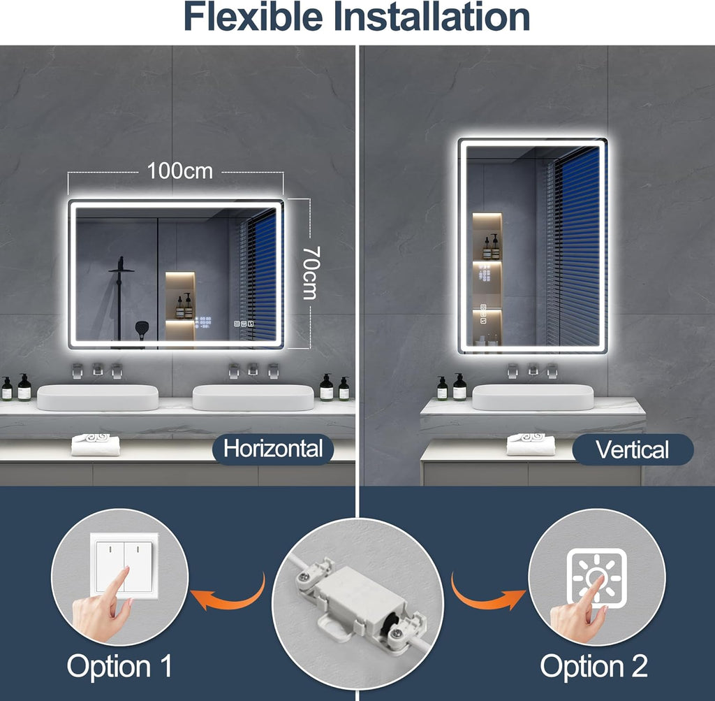 Miroir de salle de bain S'bagno avec éclairage 120 x 70 cm, miroir de salle de bain LED avec Bluetooth et fonction antibuée, intensité variable 3000 K/4000 K/6500 K, mémoire de forme, verre trempé HD, IP44 - Miroirs de salle de bain LED, horizontaux