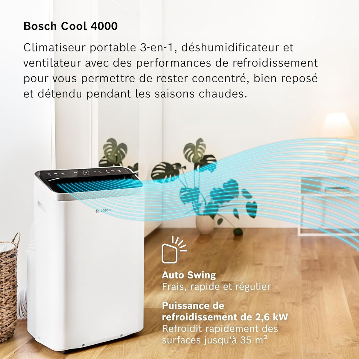 2026 Bosch Cool 4000 Portable AC - 3 en 1 Climatiseur, Déshumidificateur, Ventilateur - 2,6 kW pour les pièces jusqu'à 35m² - Avec Mode Auto, Mode Silencieux et Mode Veille (48 db (A)) [Classe A+]