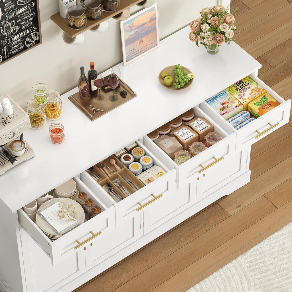 2026 HOCSOK Credenza Cucina, 150 cm Madia Cucina con 4 Cassetti 4 Ante, Credenza Soggiorno con Maniglie in Metallo per Soggiorno, sala da pranzo, Ingresso, Mobile TV, 150×92×40 cm, Bianco