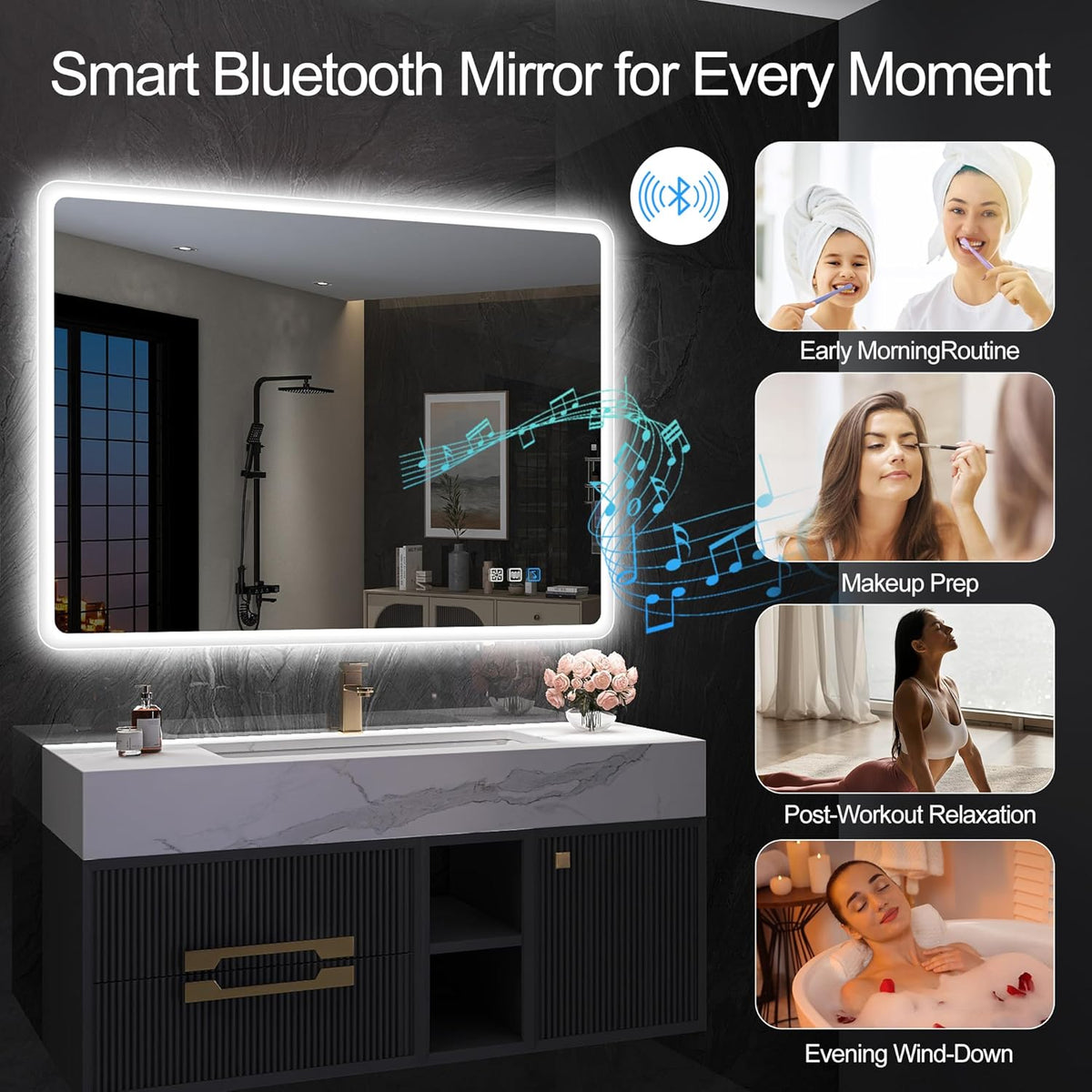 2026 Miroir de salle de bain S'bagno avec éclairage 1200 x 700 mm, IP44, LED, Bluetooth, antibuée, 3 couleurs de lumière (3 000 K, 4 000 K, 6 500 K), intensité variable, mémoire, vertical ou horizontal. Miroirs de salle de bain avec LED.