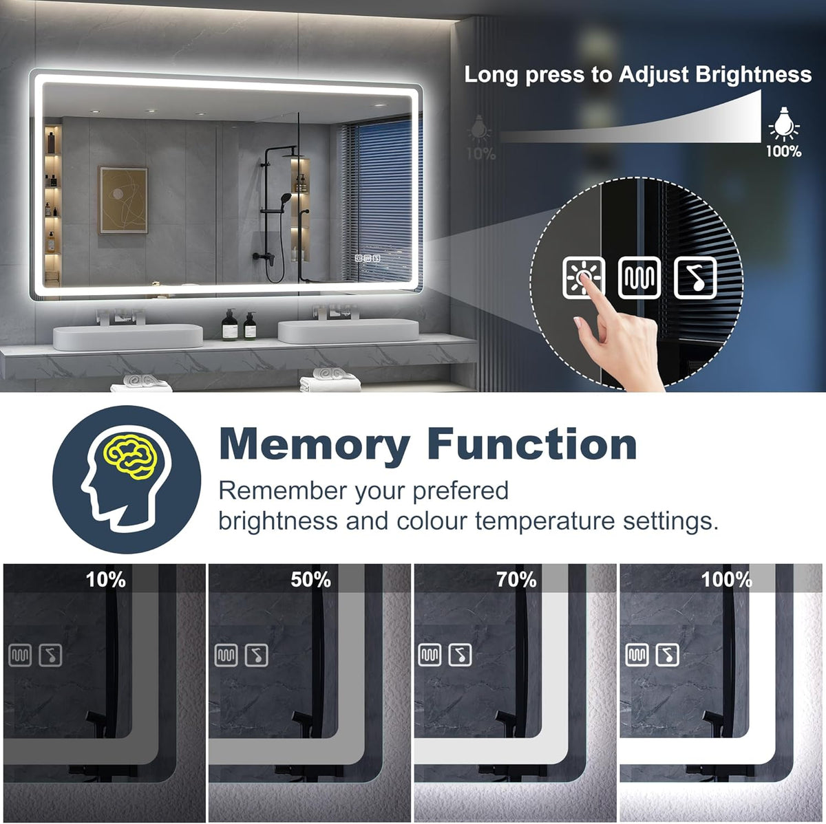 Miroir de salle de bain S'bagno avec éclairage 120 x 70 cm, miroir de salle de bain LED avec Bluetooth et fonction antibuée, intensité variable 3000 K/4000 K/6500 K, mémoire de forme, verre trempé HD, IP44 - Miroirs de salle de bain LED, horizontaux