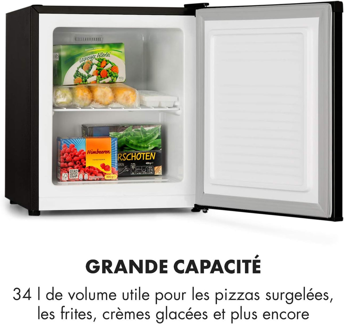 2026 KLARSTEIN Garfield Eco - Congélateur petite taille, 34L, 4 étoiles, 117 kWh/an, 2 niveaux, 41 dB, Tablette amovible, Autonome, Environ 44 x 52 x 47 cm (LxHxP) - Noir