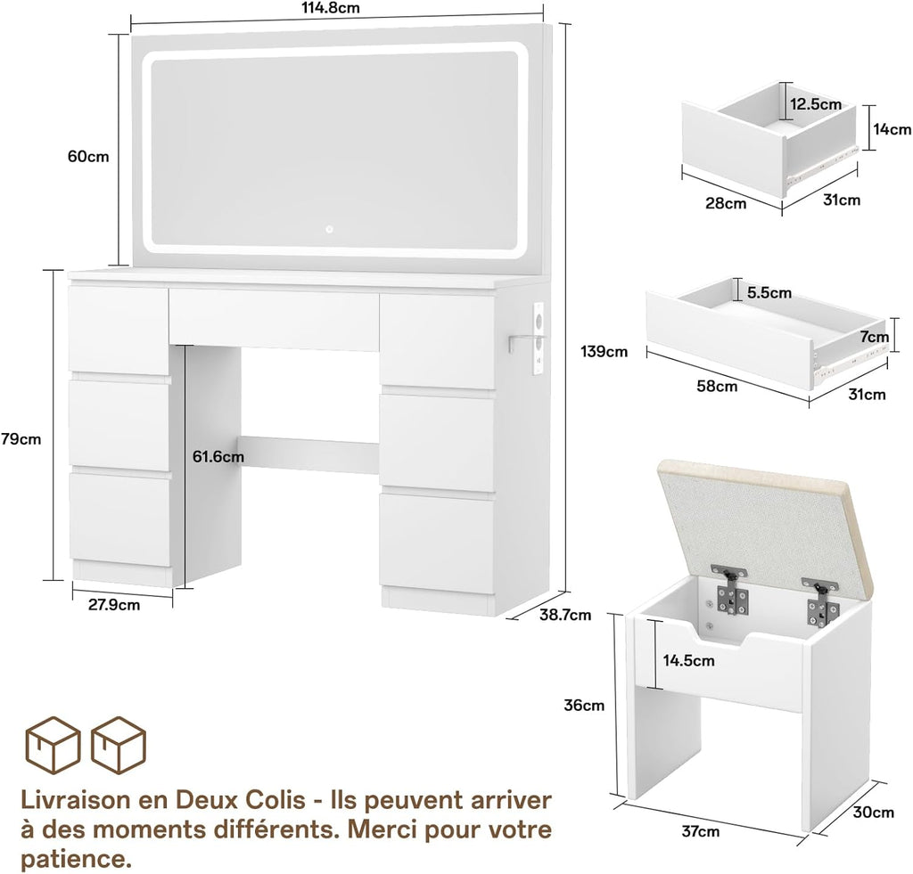 2026 TRIUMPHKEY Coiffeuse avec Miroir et Tabouret Table de Maquillage avec Miroir LED Grand Format à Luminosité Réglable, 7 Tiroirs et Prise de Courant, Meuble de Maison, Blanc