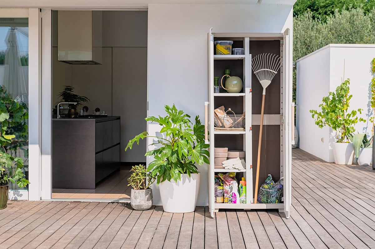 2026 Keter Groove Outdoor Broom Cabinet, Wooden Effect Doors, Beige/Sand, 80 x 45 x 180 H cm