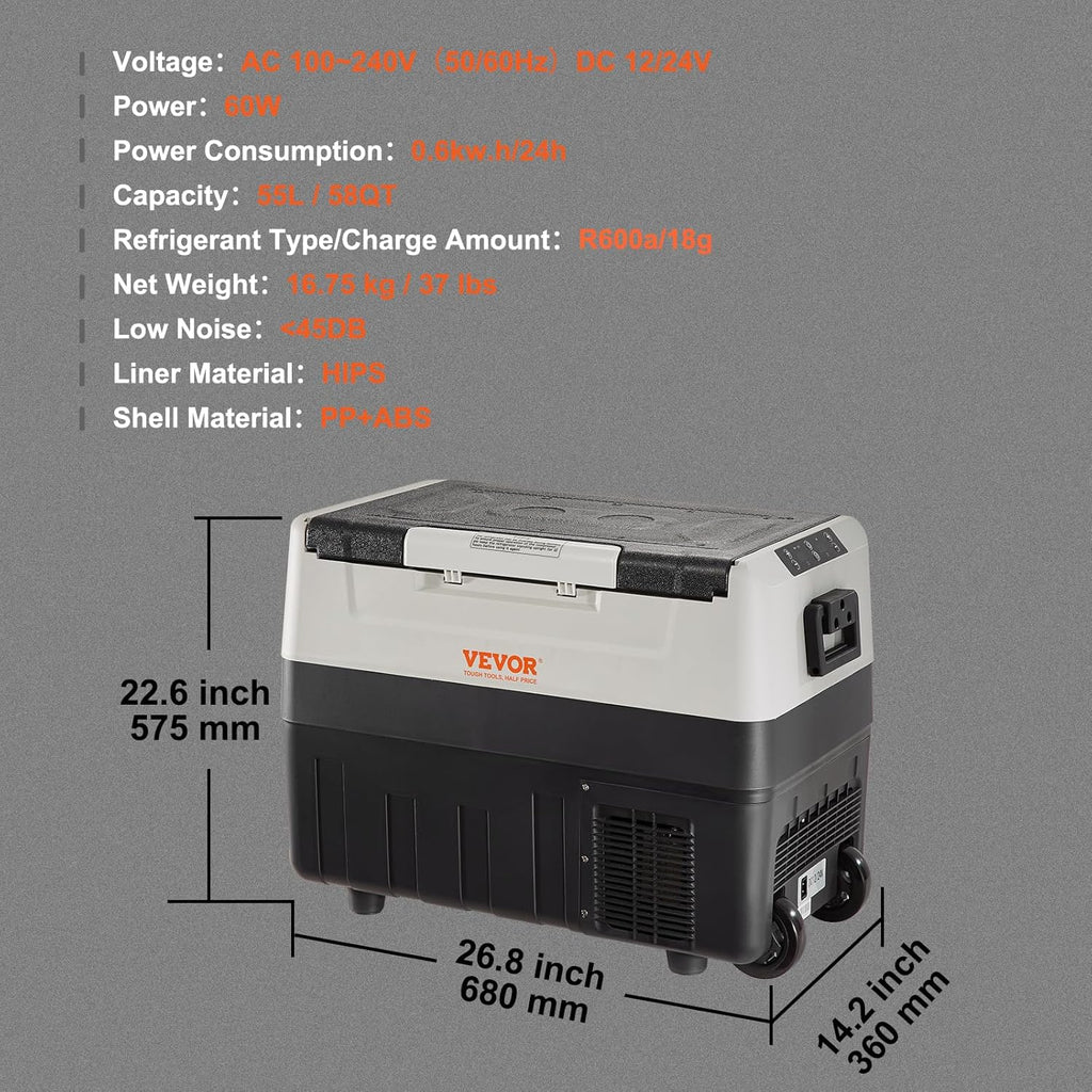 2026 VEVOR Glacière Électrique Portable de 55 L Réfrigérateur de Voiture Portable 12/24 V CC 100-240 V CA Frigo Voiture Double Zone 0,6 kW.h -20 °C à 10 °C Réglable Congélateur pour Camion Bateau Camping