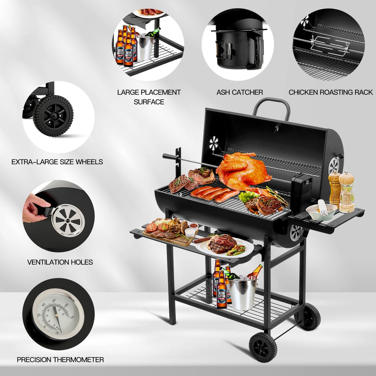 2026 TEENO Chariot à Barbecue de Bois,Grill XXL à Charbon avec Couvercle, Thermomètre,Tiroir à Cendres,Gants anti-brûlures, Évent Réglable,Grand Barbecue au Charbon de Bois (Upgraded (with chicken grill))