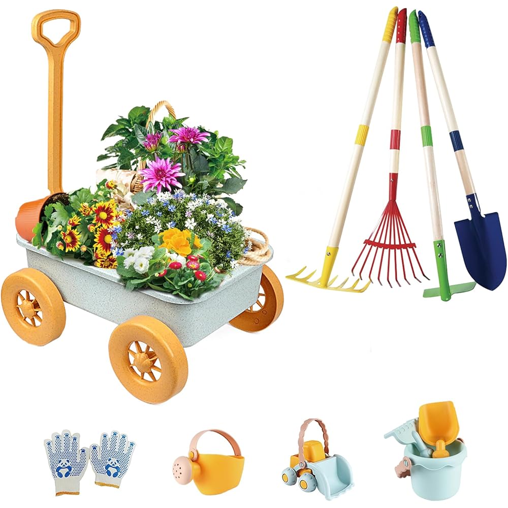 2026 Mostop Kit d'outils de jardinage pour enfants - Jouet avec brouette, pelle en métal, râteau, râteau, chariot de jardin extérieur, cadeau d'anniversaire pour garçons et filles de 4 à 8 ans : Jeux et Jouets