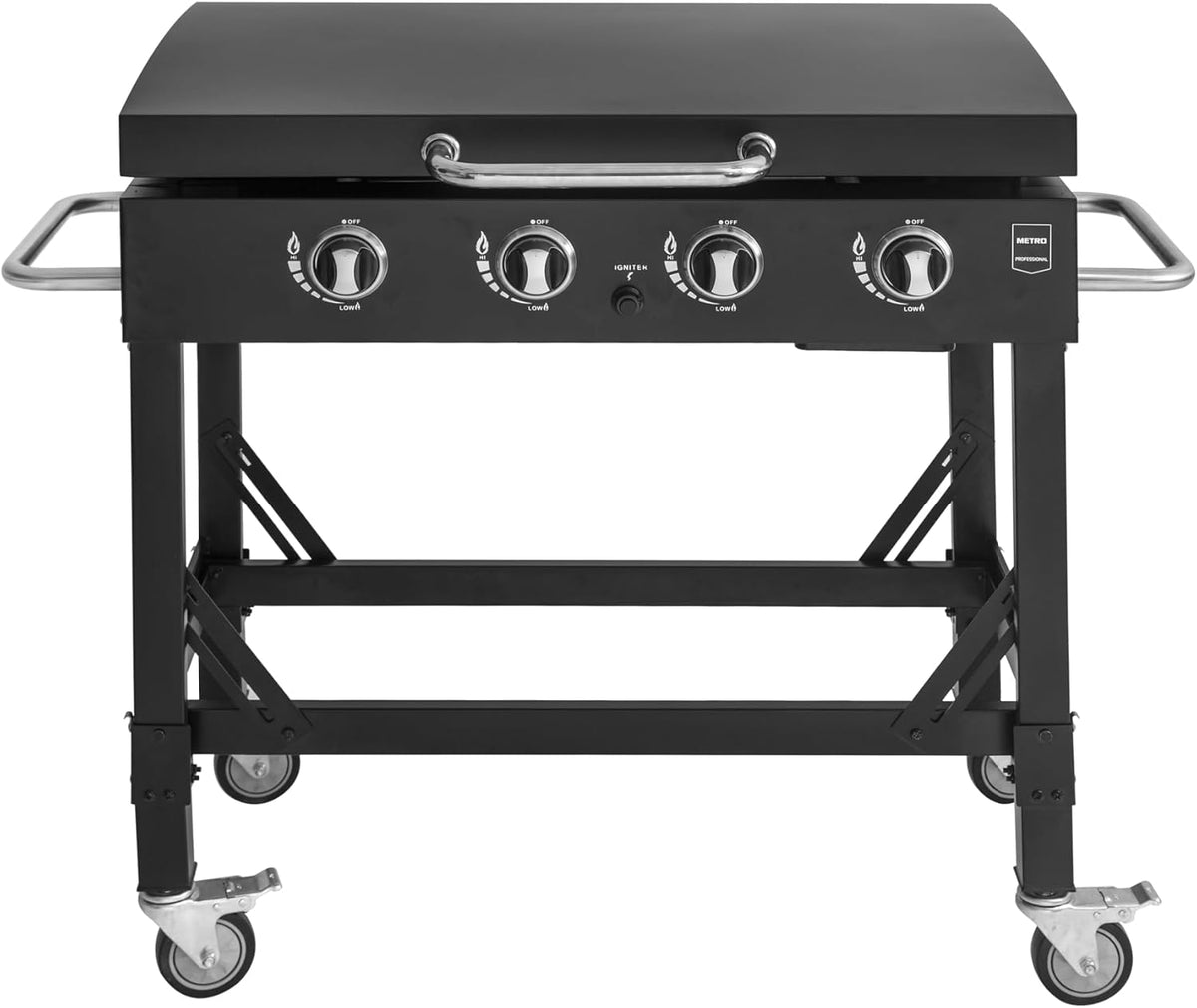 2026 METRO PROFESSIONAL Barbecue Plancha à Gaz avec 4 Brûleurs Dayton, Acier Inoxydable, 14.8 kW, Allumage par Impulsion, 4 roulettes Pivotantes, Pliable, Noir