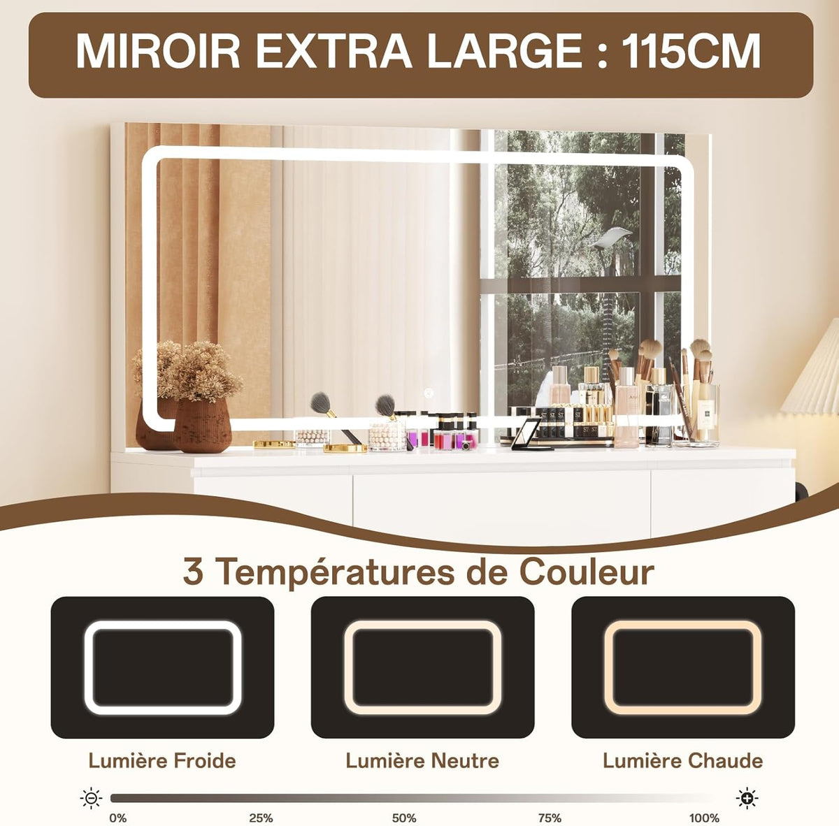 2026 TRIUMPHKEY Coiffeuse avec Miroir et Tabouret Table de Maquillage avec Miroir LED Grand Format à Luminosité Réglable, 7 Tiroirs et Prise de Courant, Meuble de Maison, Blanc
