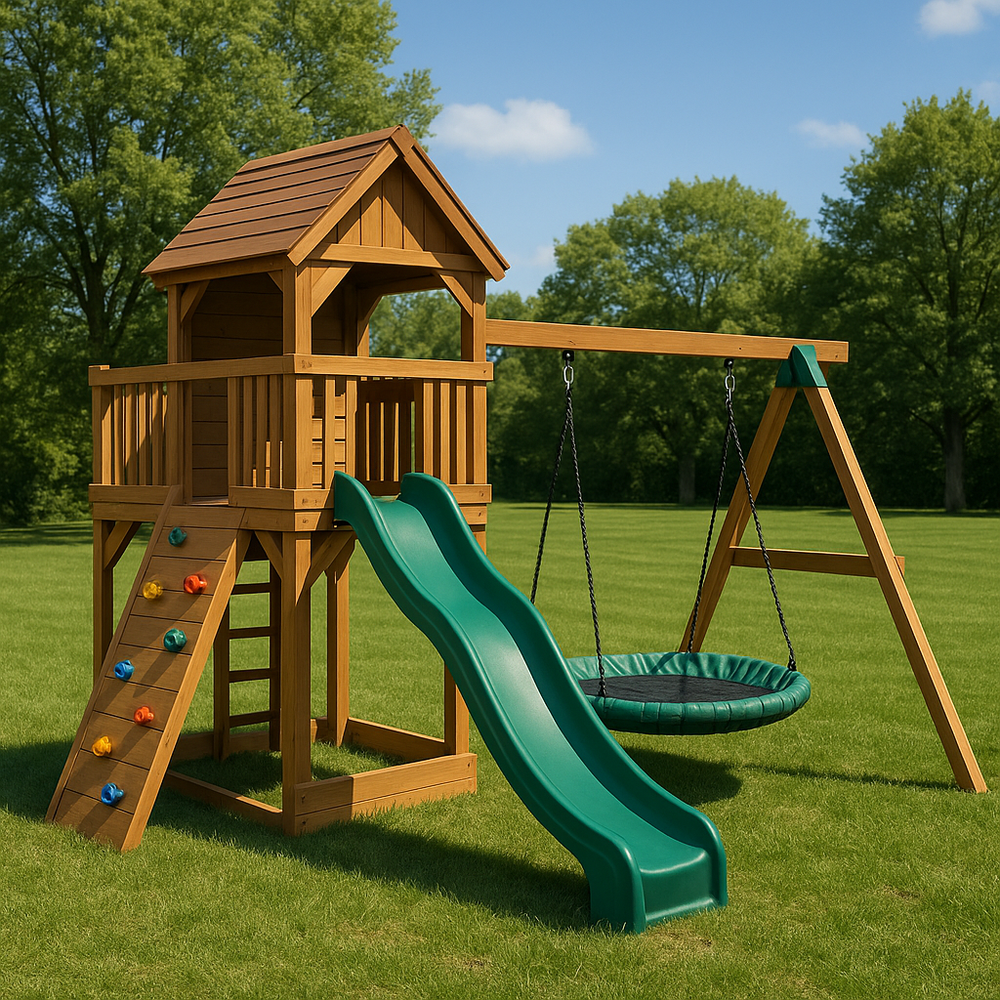 2026 Aire de jeux enfant bois avec toboggan vert/balançoire