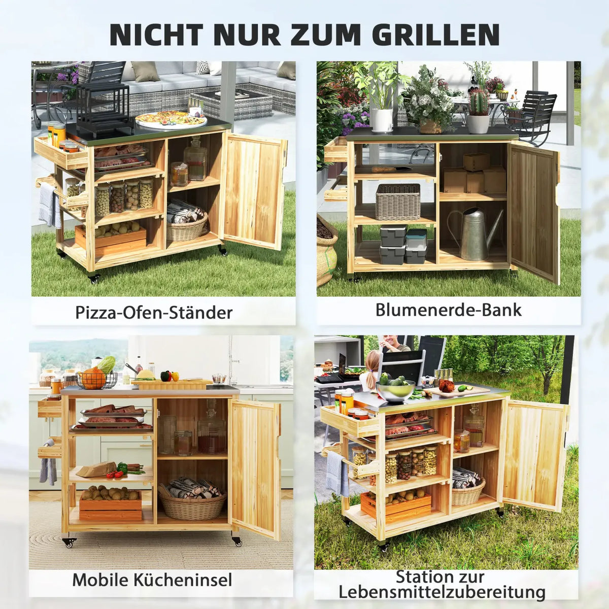 2026 Outsunny Grillwagen Outdoor Kücheninsel mit Rollen Massivholz