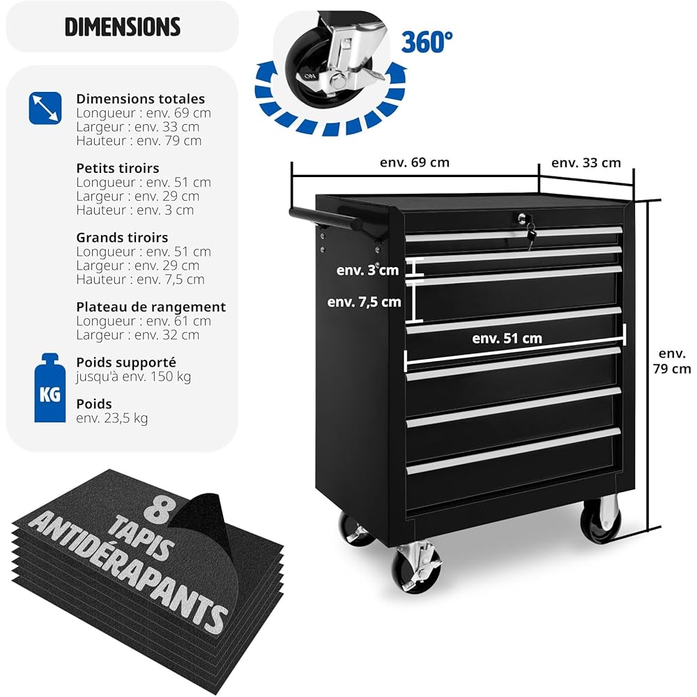 2026 TecTake® Chariot d'atelier Metallique Servante d'atelier Vide Trolley Professionnel 7 Tiroirs spacieux Verrouillables Chariot a Roulette pour Rangement Atelier Garage - Noir : Commerce, Industrie et Science
