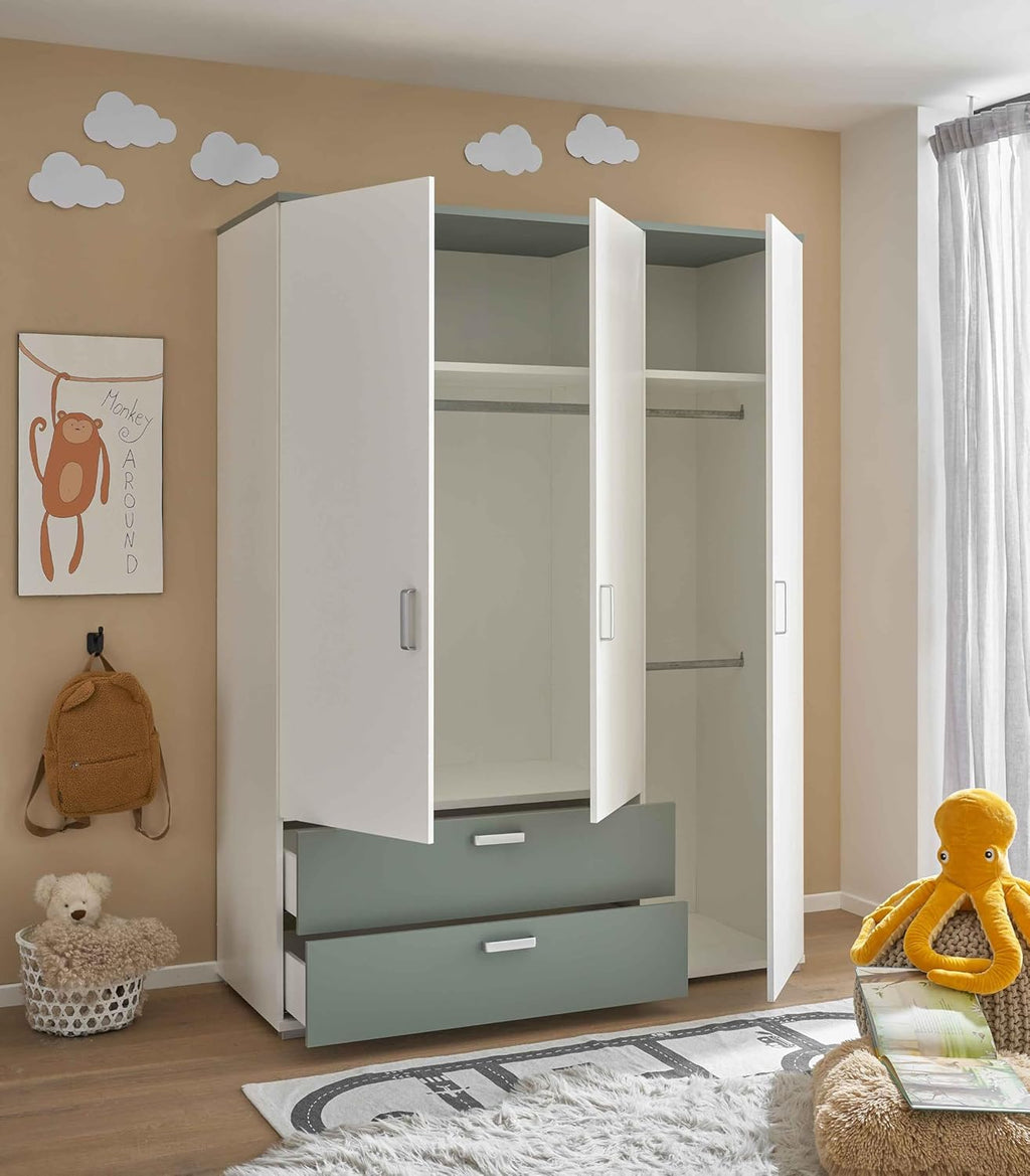 2026 AVANTI TRENDSTORE - Barbania - Wardrobe with 3 hinged doors and 2 drawers, laminated wood. Available in Sage / White colour. Dimensions: approx. LAP 150 x 203 x 58 cm