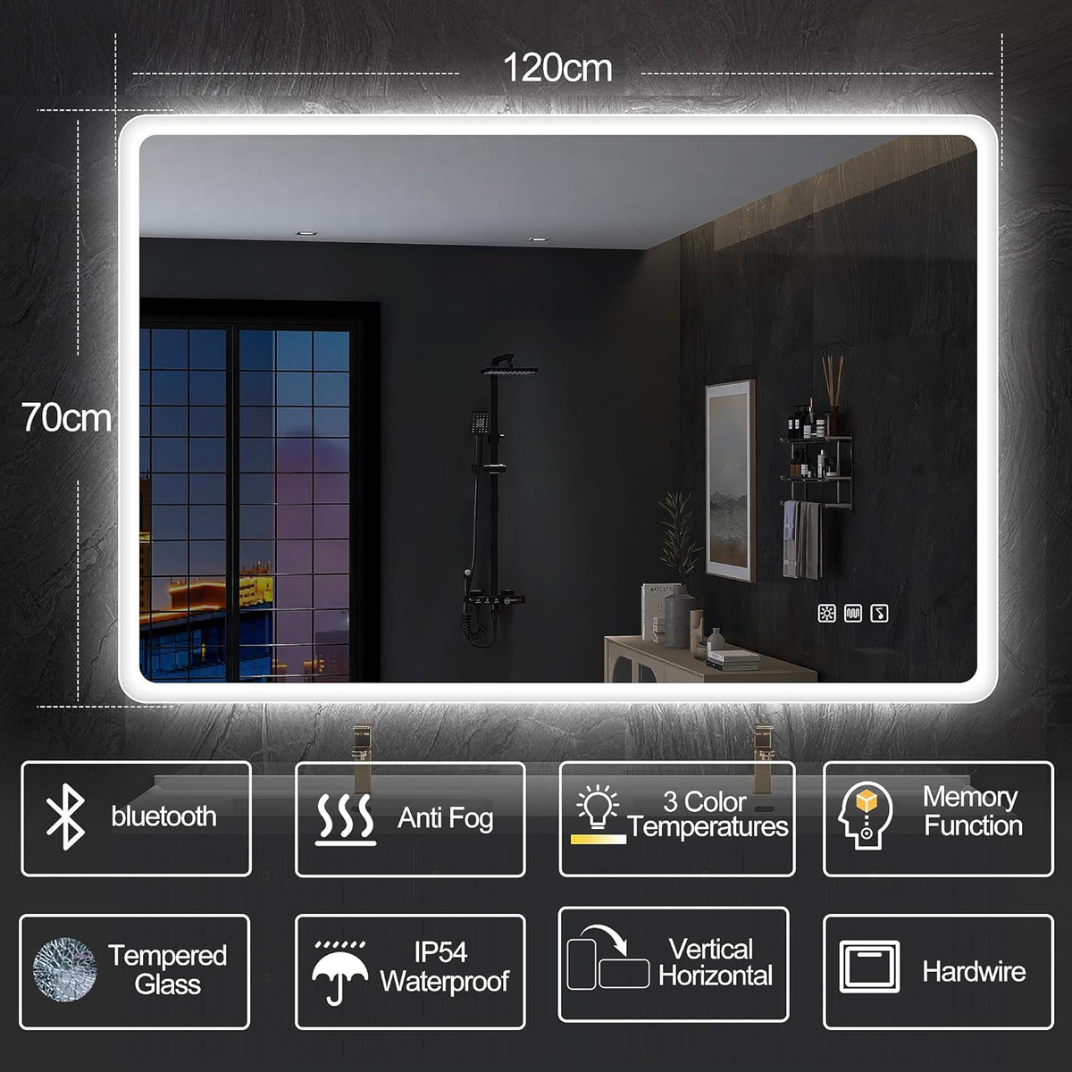 2026 Miroir de salle de bain S'bagno avec éclairage 1200 x 700 mm, IP44, LED, Bluetooth, antibuée, 3 couleurs de lumière (3 000 K, 4 000 K, 6 500 K), intensité variable, mémoire, vertical ou horizontal. Miroirs de salle de bain avec LED.